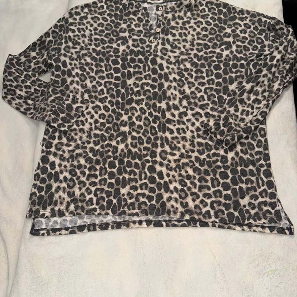 Cherish Leopard Print Waffle Knit Long Sleeve Thermal Shirt